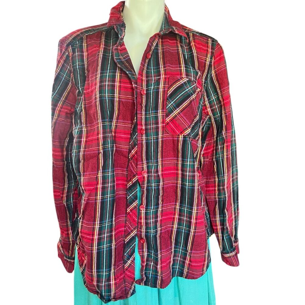 Time And Tru Womens Plaid Flannel Shirt XXL Red & Green Long Sleeve Button-Up - Picture 3 of 8